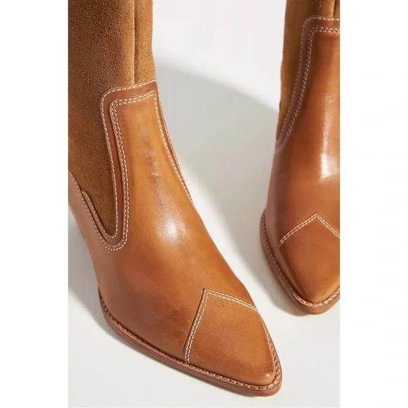 ANTHROPOLOGIE Leather Carina Western Heels Boots Shoes Honey Brown Size 6 NWT - Picture 3 of 6
